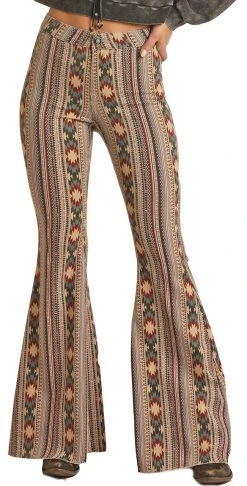 High Rise Stretch Tan Aztec Bell Bottom Jeans