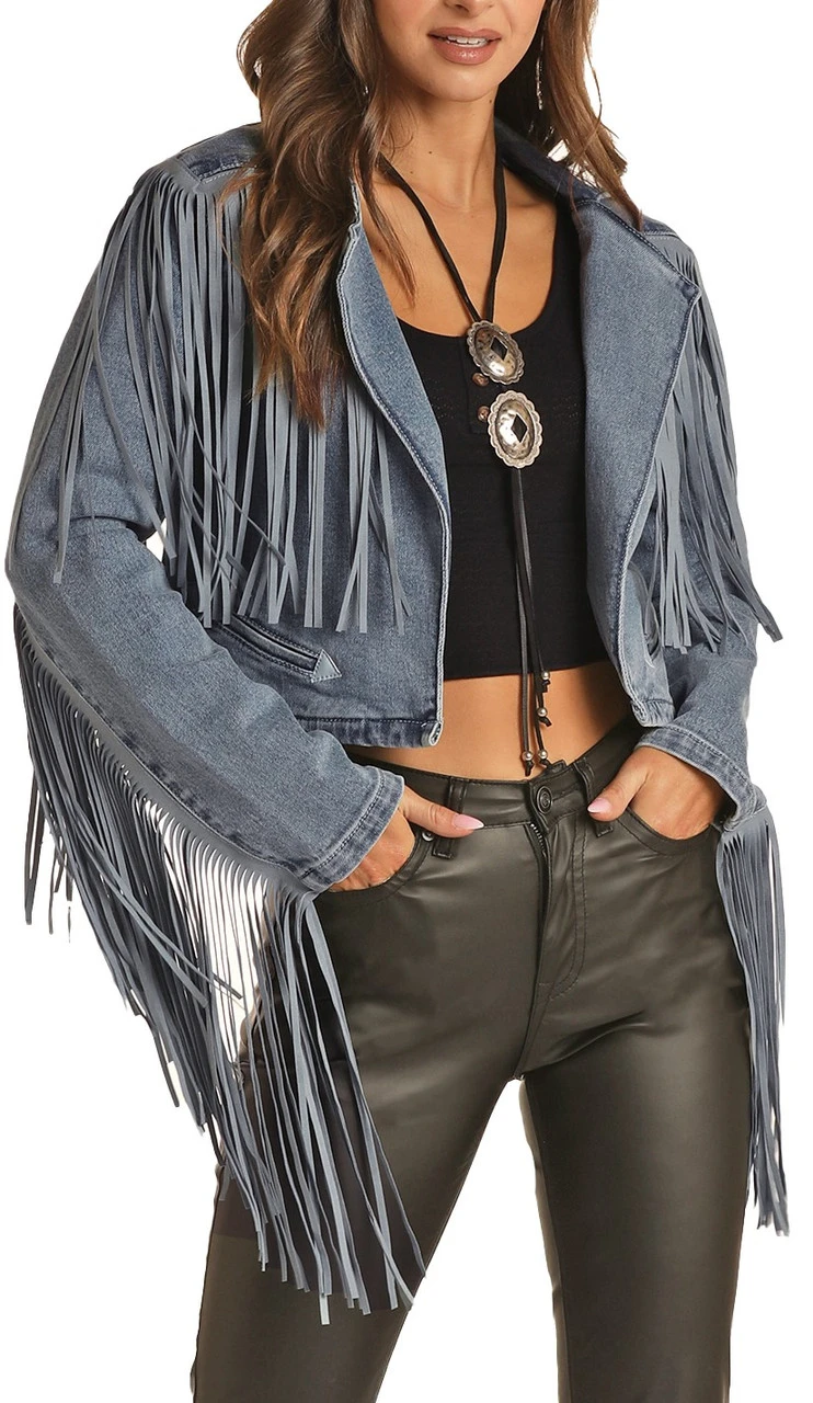Cropped Fringe Denim Blazer