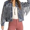Tonal Aztec Print Fringe Denim Jacket