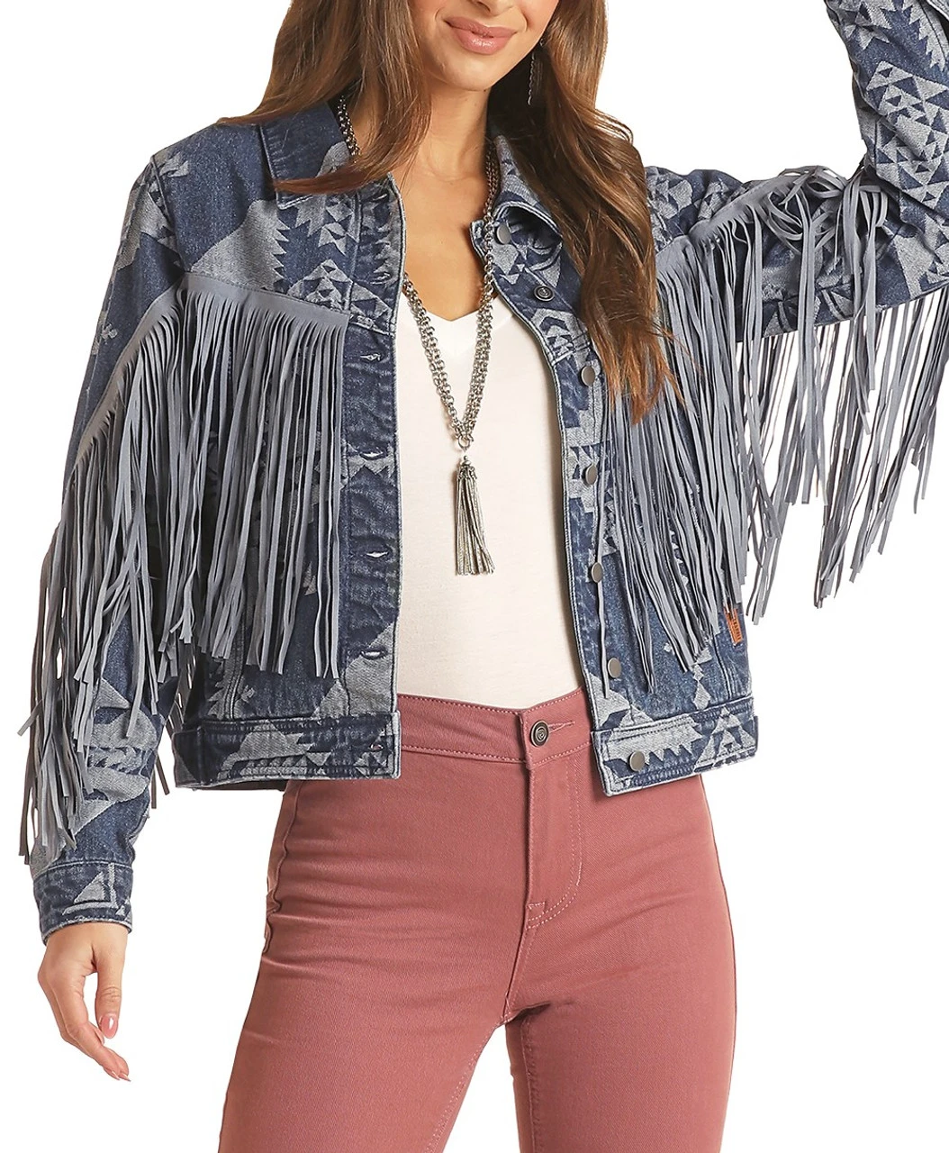 Tonal Aztec Print Fringe Denim Jacket