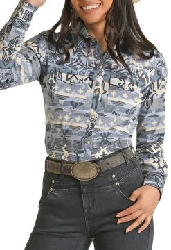 Blue Aztec Long Sleeve Snap Shirt