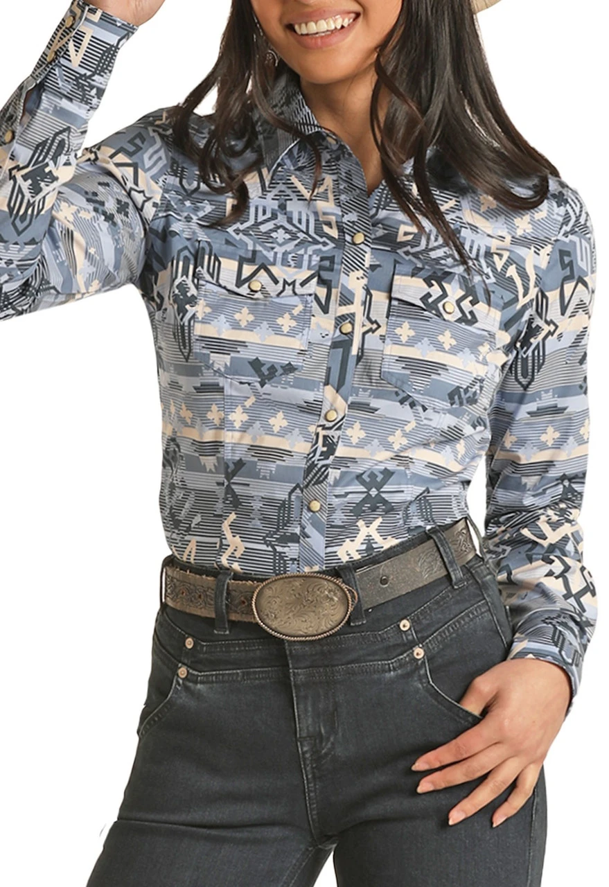 Blue Aztec Long Sleeve Snap Shirt 1 Blue Aztec Long Sleeve Snap Shirt