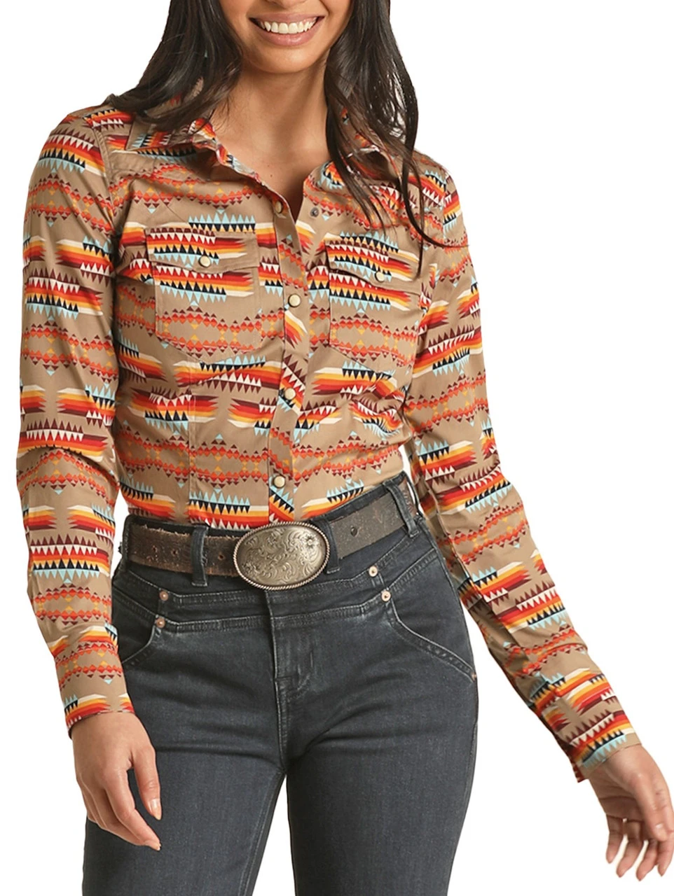 Tan Aztec Long Sleeve Snap Shirt 1 Tan Aztec Long Sleeve Snap Shirt