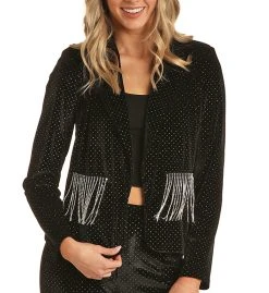 Shimmer Velvet Blazer With Chain Fringe Pockets