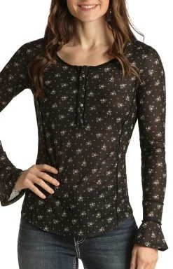 Ditsy Print Bell Sleeve Henley