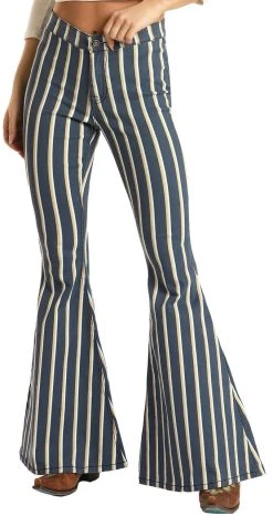 Button Bells High Rise Stretch Striped Flare Jeans #WPB2674