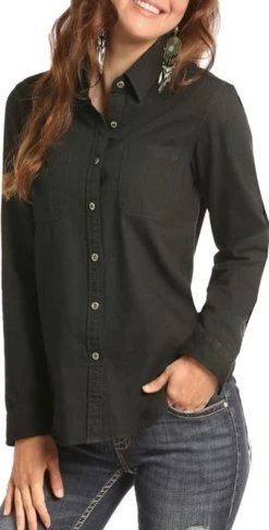 Rose Embroidered Black Denim Shirt #B4B8051